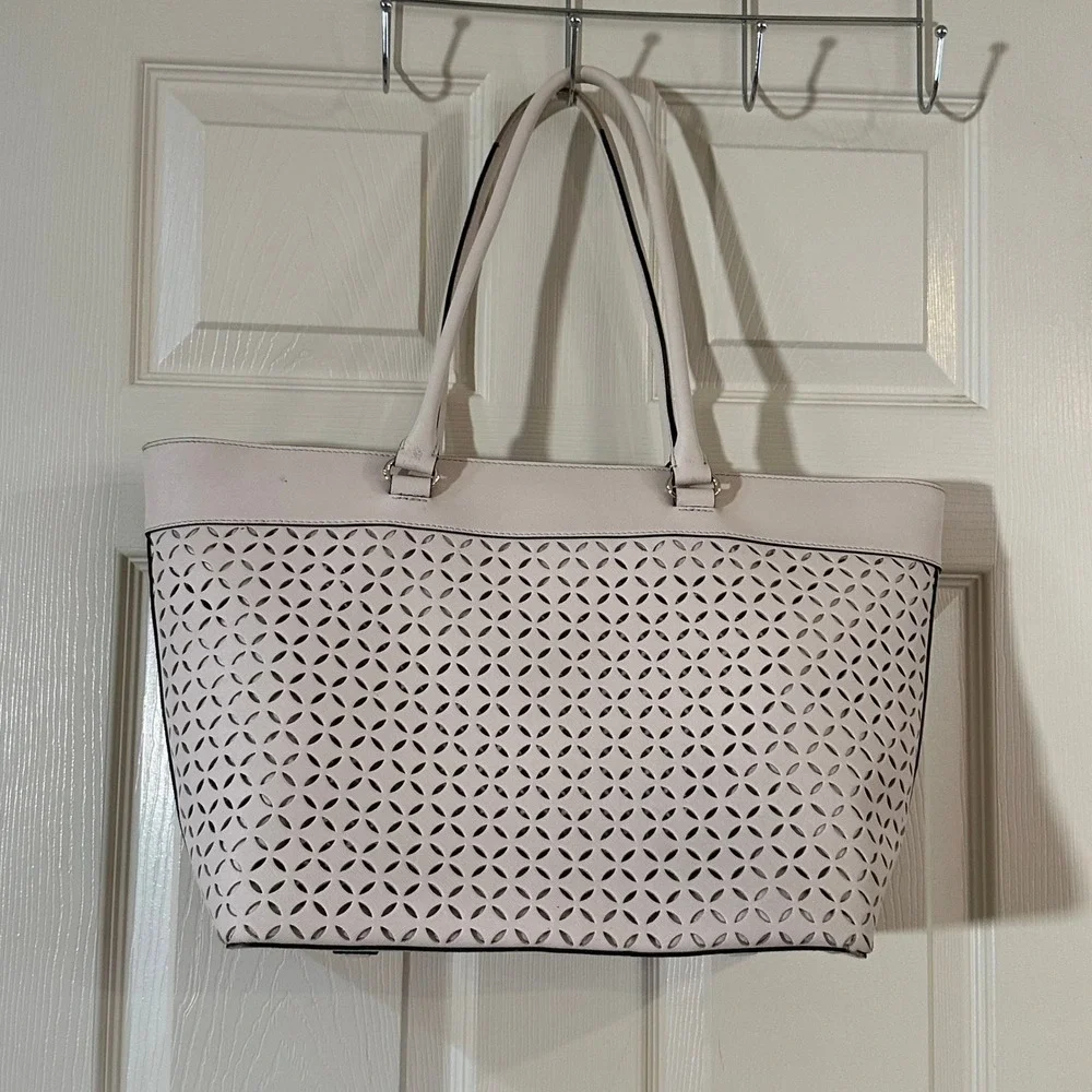 Kate Spade New York Pink Perforated Laser Cut Saffiano Leather Tote Bag Large